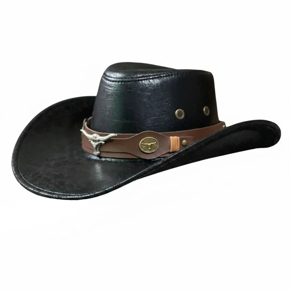Fashion Bull Head Buckle Western Cowboy Hat Vintage Retro Faux Leather Cowboy Hat Jazz Hat For Men Women Unisex