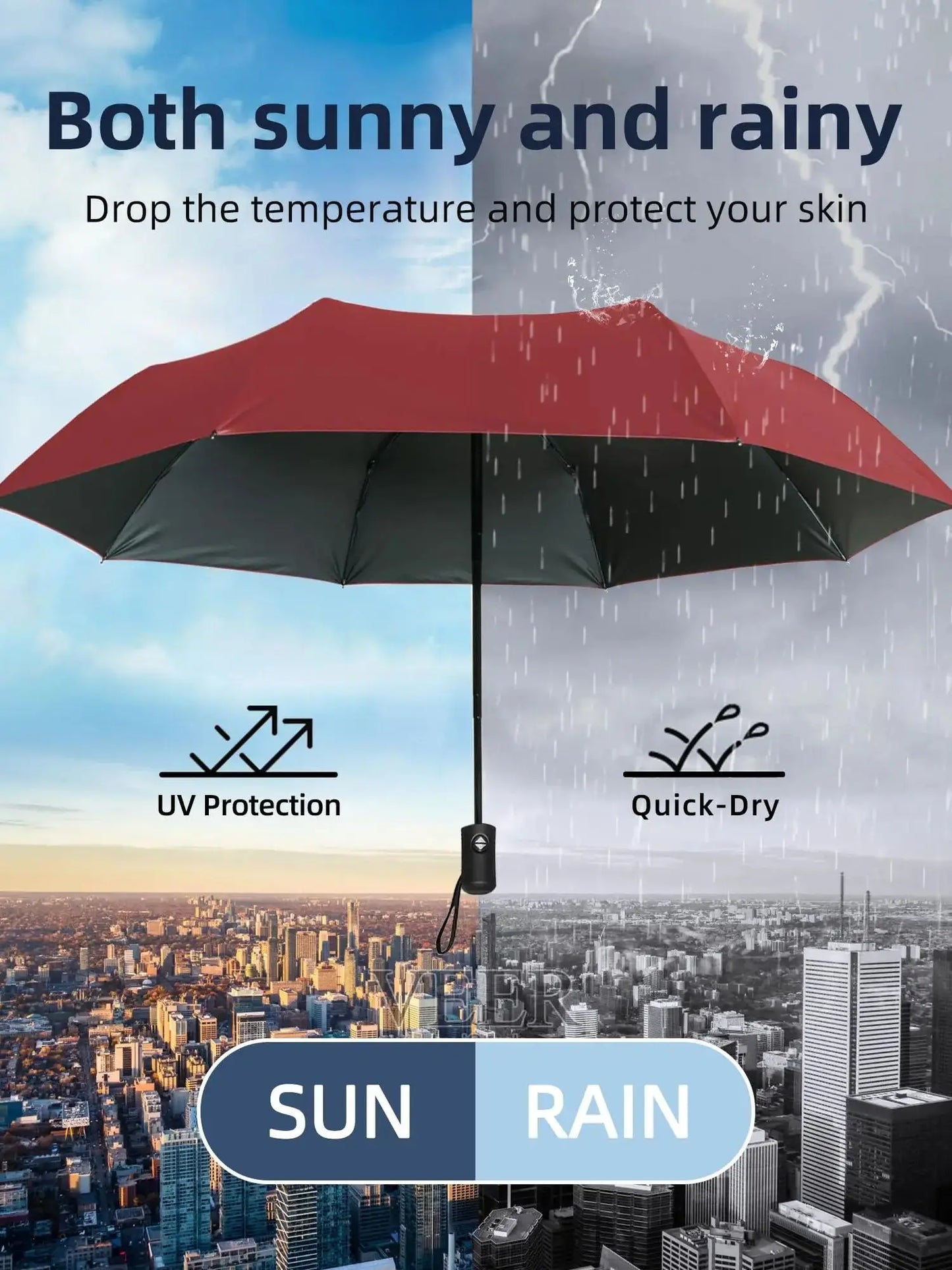Black Glue Fully Automatic Umbrella - Thick Durable Three-Fold UV Resistant Folding Design for Protection And Style
