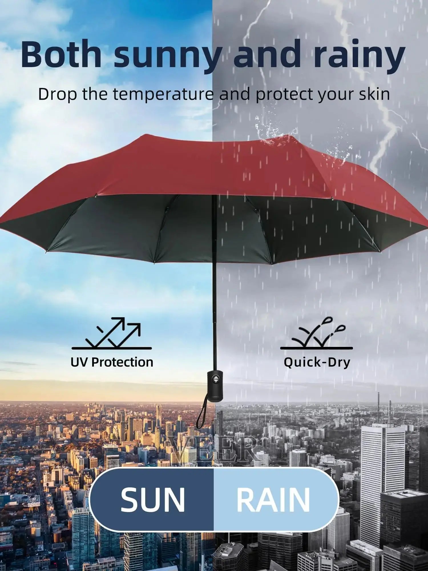 Black Glue Fully Automatic Umbrella - Thick Durable Three-Fold UV Resistant Folding Design for Protection And Style