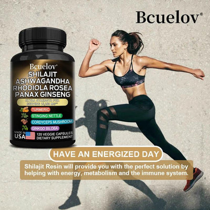 Shilajit Resin Himalaya Capsules - 15250 mg - Combination of Ashwagandha, Ginseng, Cordyceps, Ginkgo, Turmeric - MANDOTOS