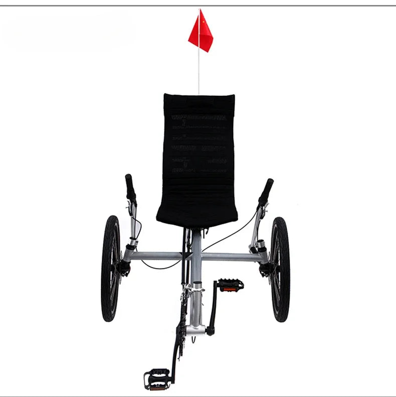 Lying on a tricycle, 3 shifting disc brakes, folding on a recumbent bike, casual commuting, riding a recumbent bicycle