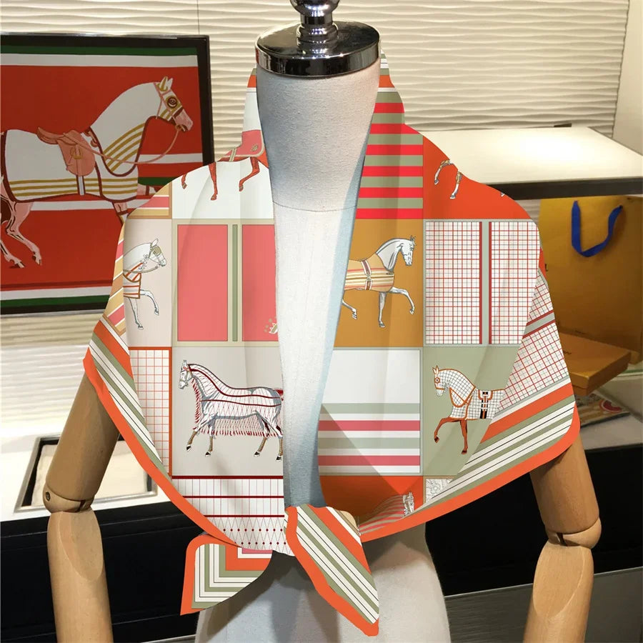 90x90cm New Design Horse Universe Printed Twill Silk Scarf Square Scarves Lady Wraps Kerchief Woman Neck Shawl Wraps