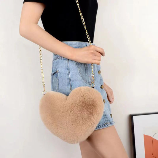 Fashion Women's Heart Shaped Handbags Cute Faux Fur Crossbody Bags Lady Soft Plush Chain Shoulder Bag Shopper Totes - MANDOTOS