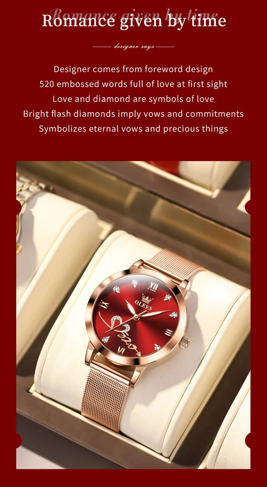 OLEVS Luxury Fashion Ladies' Watches Rose Gold Top Brand Original Quartz Watch for Women Stainless Steel Mesh Strap Love Dial