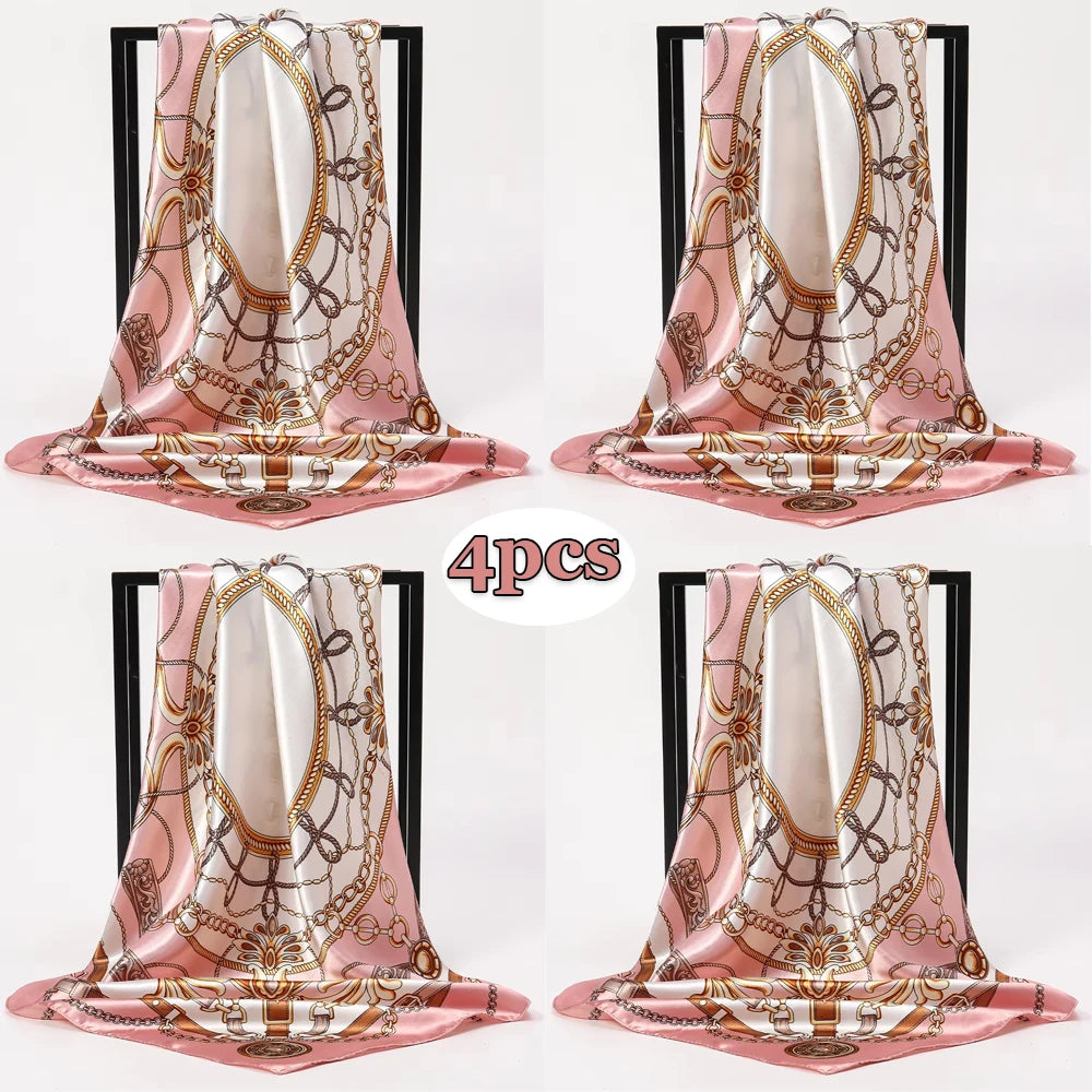 1pcs 90*90cm Square Silk Scarves Women Hijab Shawls Fashion Print Kerchief Femme Head Scarf Foulard Bandana Beach Head Scarf