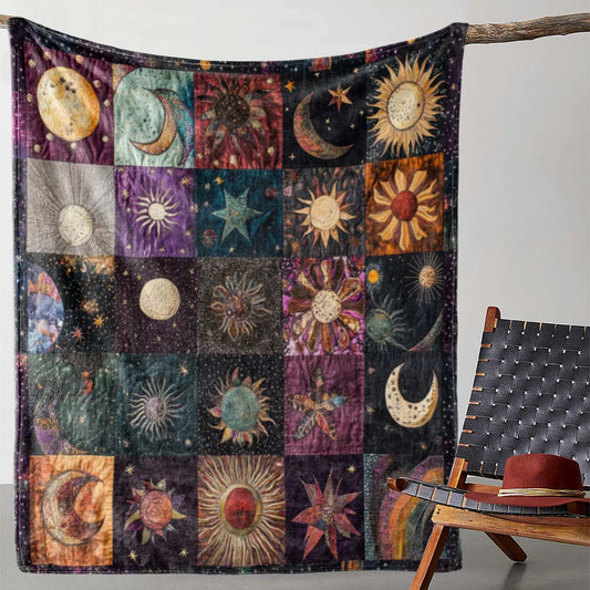 Vintage Celestial Sun and Moon Print Flannel Blanket - MANDOTOS