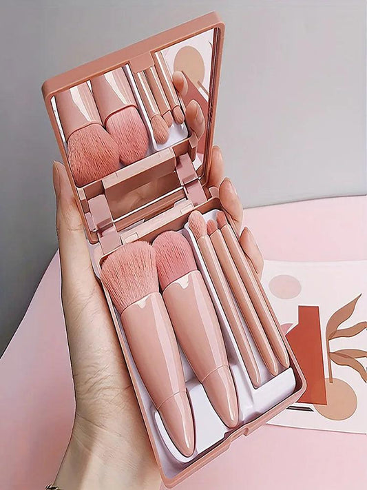 5Pcs Portable Makeup Brush Set With Mirror - Foldable Travel Kit ，Mini Makeup Brush Set Travel Makeup Brush Set - MANDOTOS