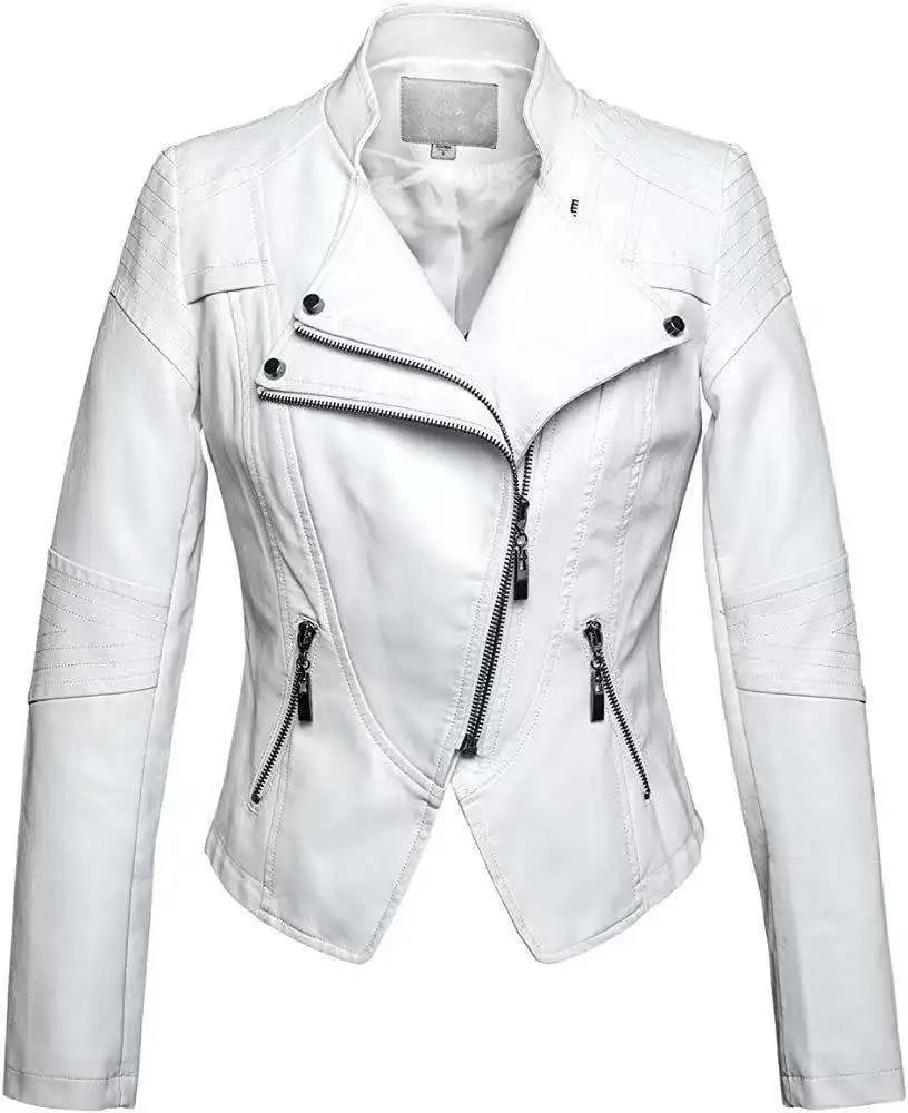 Women's Leather Jacket European and American Fashion Motorcycle Slim Short Leather Jacket Zipper