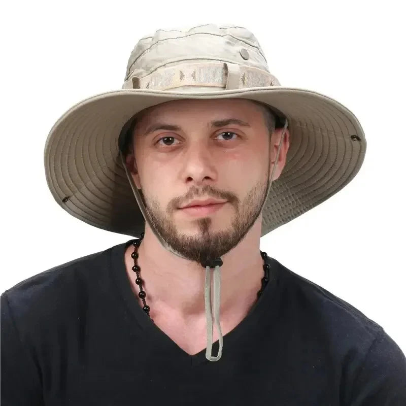 Summer Men's Wide Brim Bucket Hat UV Protection Panama Style Mesh Fisherman Beach Sun Hat for Outdoor Hunting Hiking