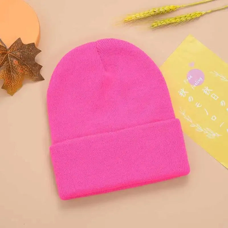 Women Men Fluorescent Color Warm Beanie Hat Autumn Winter Stretch Knitted Crochet Beanies Hat Cap Black Red White Navy Pink