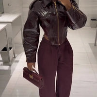 Coated Women Cinched-waist Leather Jacket RetroCasual Lapel Full Sleeve Zipper Bomber Coats Lady Daily High Street Outwear 2026