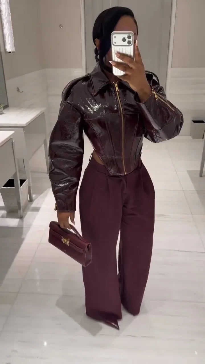 Coated Women Cinched-waist Leather Jacket RetroCasual Lapel Full Sleeve Zipper Bomber Coats Lady Daily High Street Outwear 2026