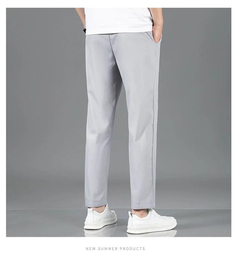 Ice Silk Men's Pants 2025 Summer New Black Gray Thin Business Casual Pants Outdoor Elastic Breathable Straight Leg Sweatpants - MANDOTOS