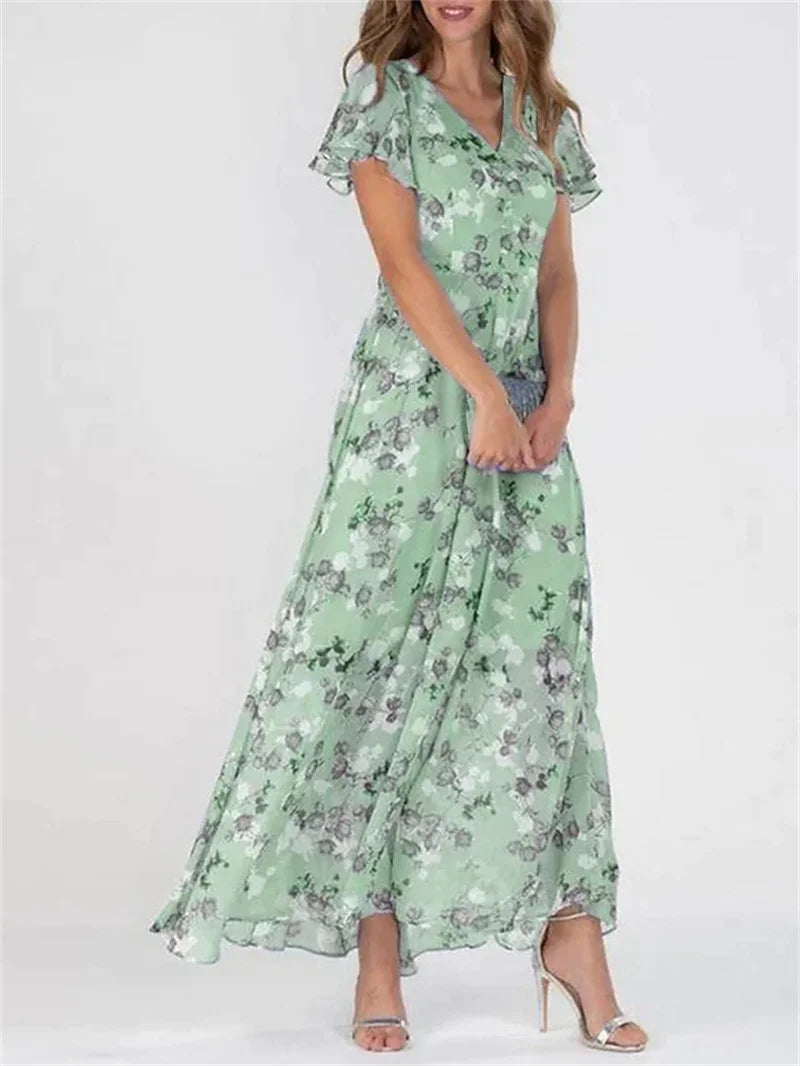 Women Elegant Ruffle Short Sleeve V Neck Pullover Dresses Sweet Style Small Flower Print High Waist Dress Female New Casual Gown