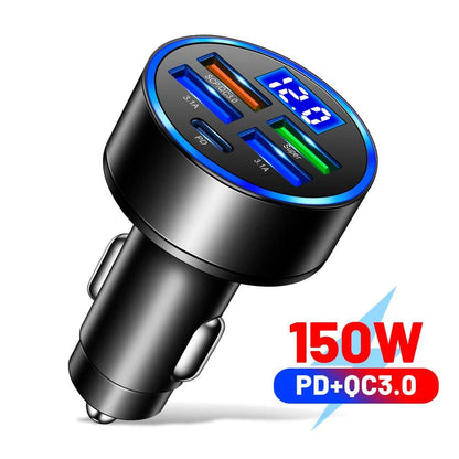 66-250W PD Car Charger QC3.0 Fast Charge with Digital Display 4USB and 2PD Ports for Car Cigarette Lighter Plug - MANDOTOS