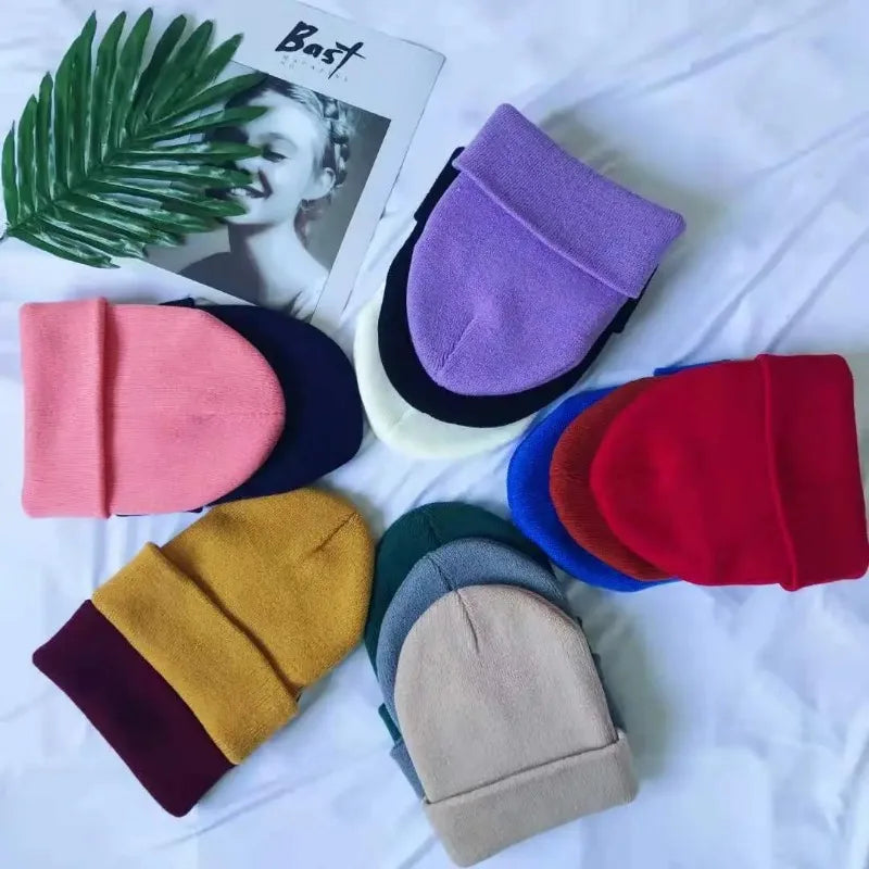 Women Men Fluorescent Color Warm Beanie Hat Autumn Winter Stretch Knitted Crochet Beanies Hat Cap Black Red White Navy Pink