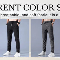 Men Fast Dry Stretch Pants Ice Silk Trousers Solid Color Mid-Waist Loose Breathable Straight-Leg Casual Pants Thin Sports Pants