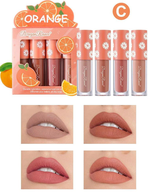 Mini Velvet Matte Lip Gloss Set 4 Piece Long Lasting Non Fading Non Stick Cup Fruit Scented Lip Tint Smooth Lightweight - MANDOTOS