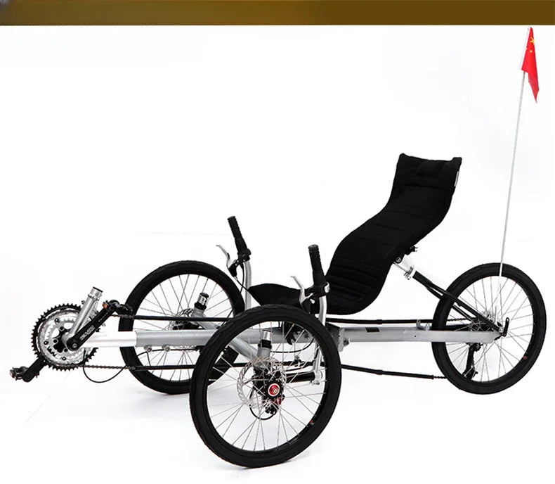 Lying on a tricycle, 3 shifting disc brakes, folding on a recumbent bike, casual commuting, riding a recumbent bicycle