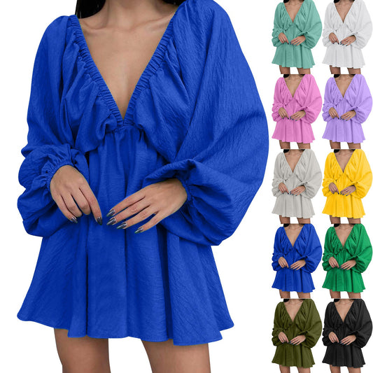 Deep V Neck Sexy Dress Temperament Retro Solid Color Pleated Dress Elegant Long Sleeve Large Size Casual Womens Dresses ropa - MANDOTOS