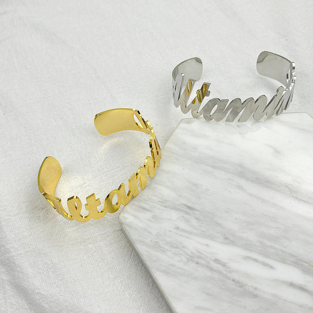 Custom Name Bangle for Women Stainless Steel Personalized Letter Adjustable Big Bangle Jewelry Girlfriend Gift Pulseira Feminina - MANDOTOS