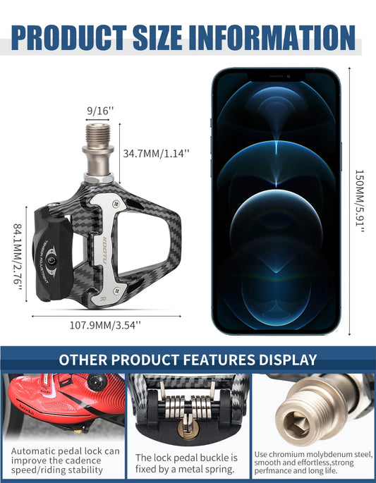 Road Bike Clipless Pedals Carbon Clip-On Pedals With Sealed Bearings Works With KEO And Shimano SPD System Locking Pedals