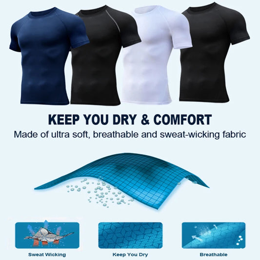 Men's Print Compression Shirts Summer Short Sleeve Rash Guard Gym Workout T-shirt Athletic Quick Dry Baselayer Undershirts Tops - MANDOTOS