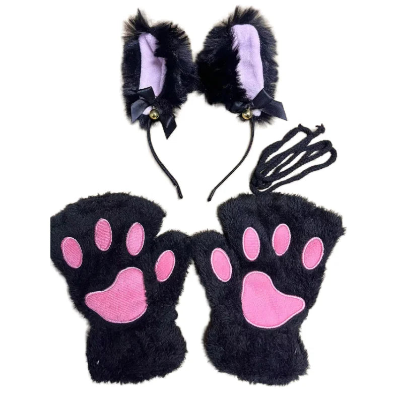 5Pcs Sets Cat Paw Gloves Winter Cute Cartoon Girl Open Finger Gloves Bell Headband Fox Cat Ear Headwear - MANDOTOS