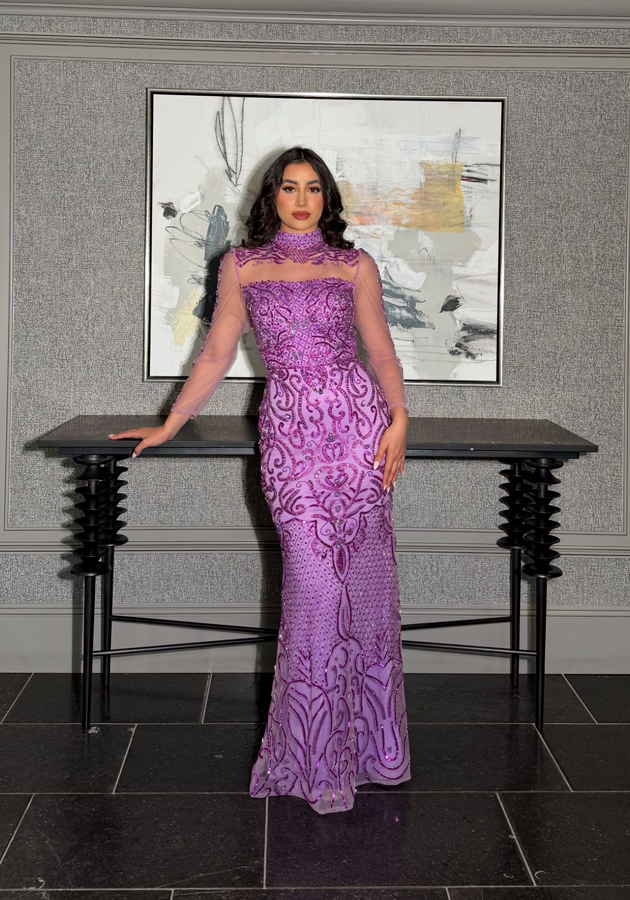 Deema High Neckline Tulle Embroidered Dress