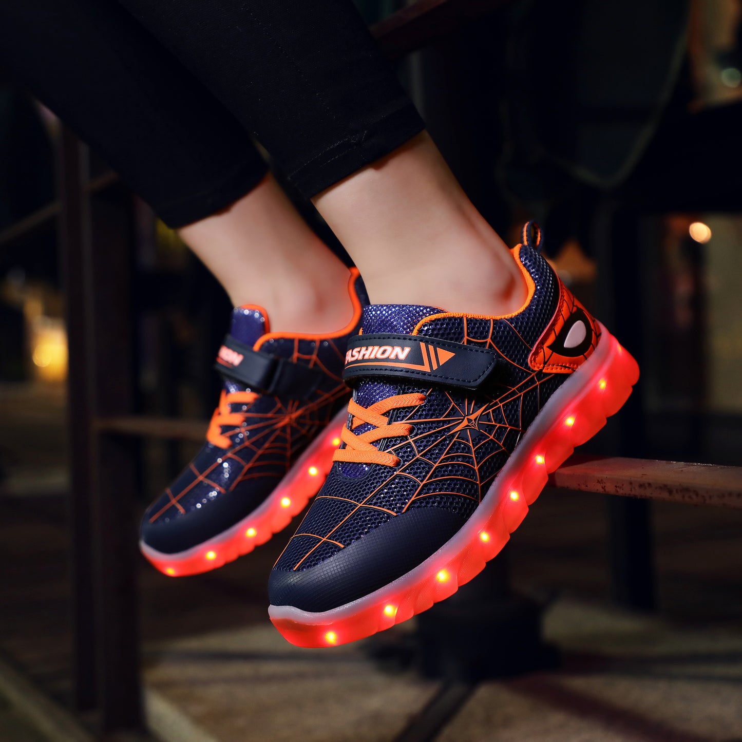 Children's LED glowing shoes by Ancient Energy, size 26-37, with USB rechargeable lights and hook loop straps for kids.