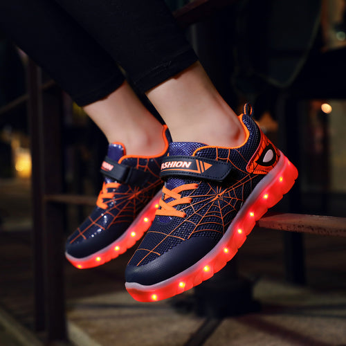 Children's LED glowing shoes by Ancient Energy, size 26-37, with USB rechargeable lights and hook loop straps for kids.
