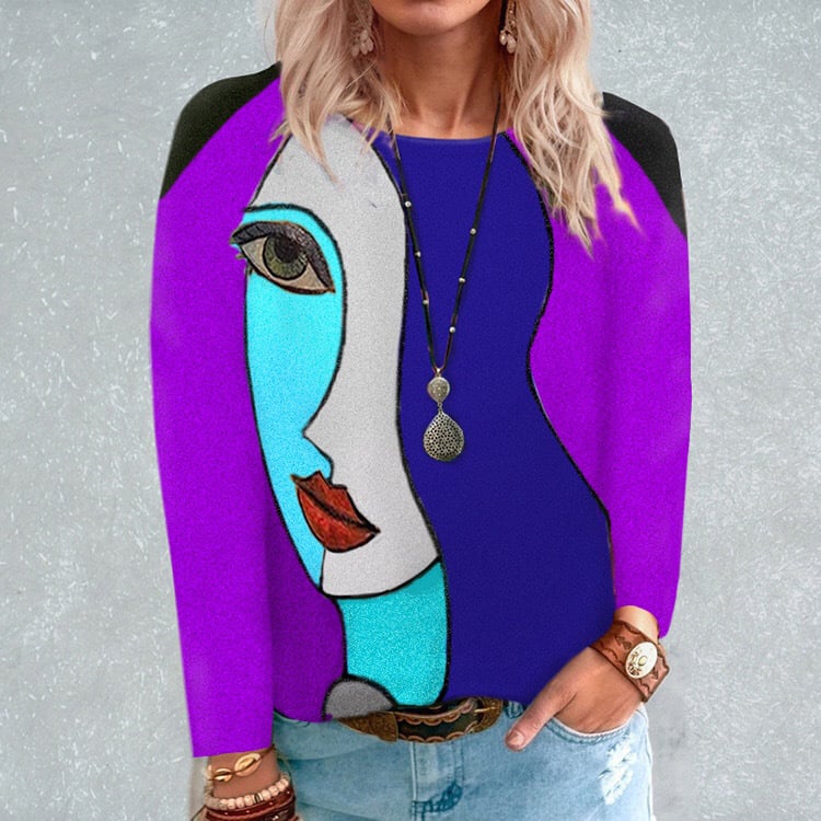 Stylish Face Print Long Sleeve Tee