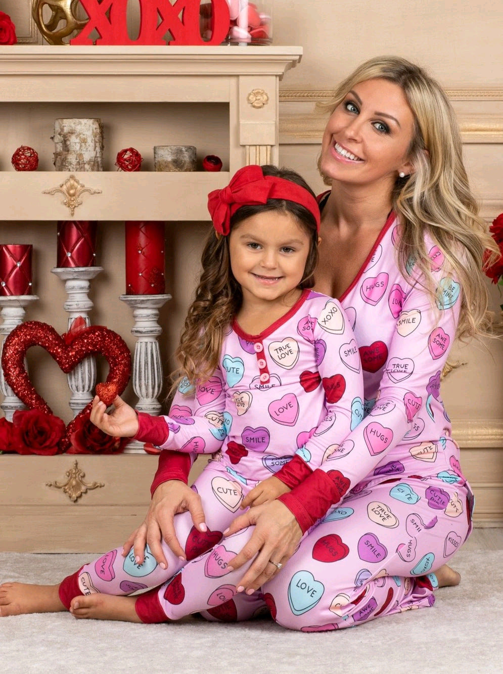 Valentines Day Love Print Casual Home Pajamas Parent Child Set - MANDOTOS