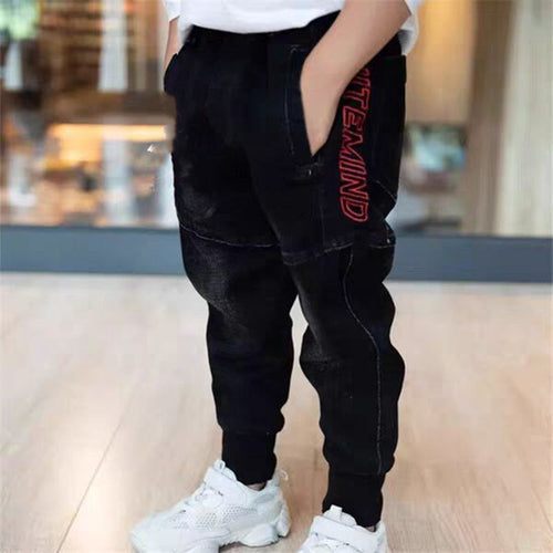 Kids black jeans by Ancient Energy, single pants for boys, suitable for spring and autumn, showing a comfortable fit and casual style.