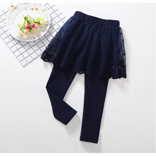 Children's cotton lace skirt pants by Ancient Energy, featuring playful 2-girls leggings with a soft fabric and lace details.