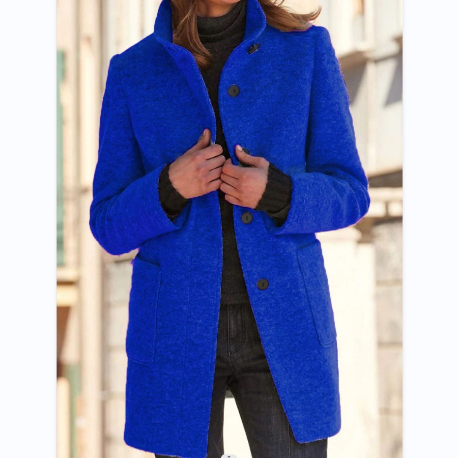 Fashion Stand Collar Woolen Coat With Pockets Fall Winter Casual Button Outwear For Women Clothing - MANDOTOS