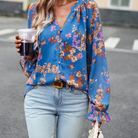 Women's Tops Casual Floral Print V Neck Long Sleeve Shirts Loose Chiffon Blouses Shirts Tops