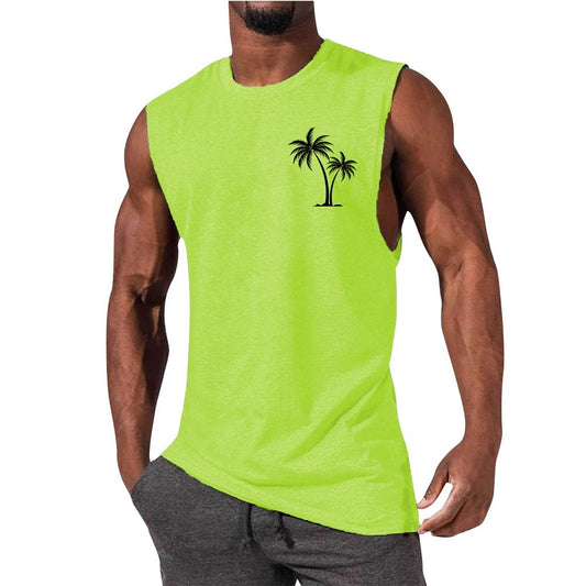 Coconut Tree Embroidery Vest Summer Beach Tank Tops Workout Muscle Men Sports Fitness T-shirt - MANDOTOS