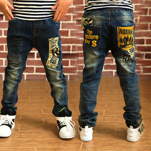 Kids' boys' denim trousers by Ancient Energy, casual children's denim pants with pockets and belt loops, front and back views.