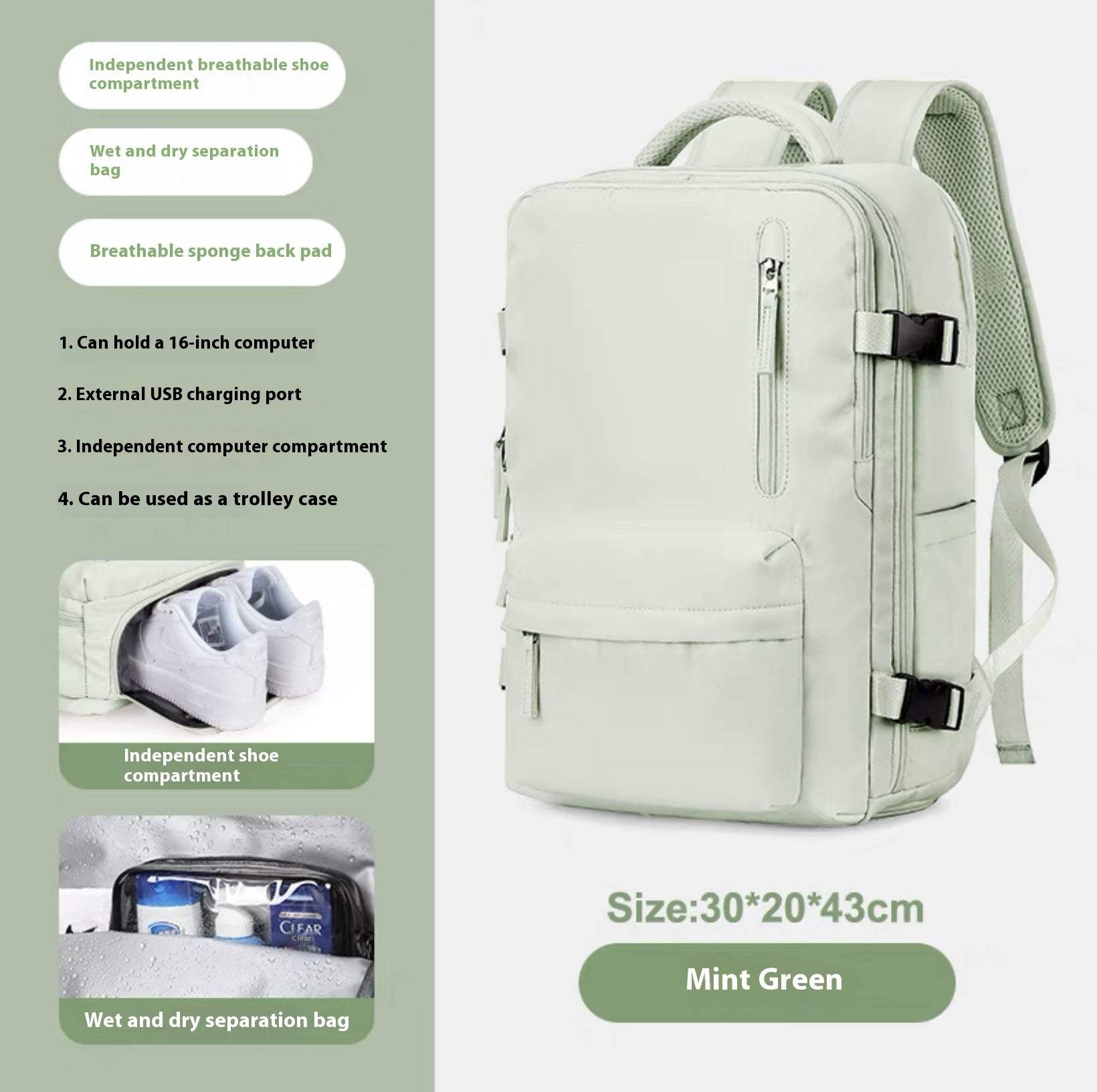 Ancient Energy large capacity travel backpack with multiple compartments, ideal for students and school use, in black with adjustable straps.