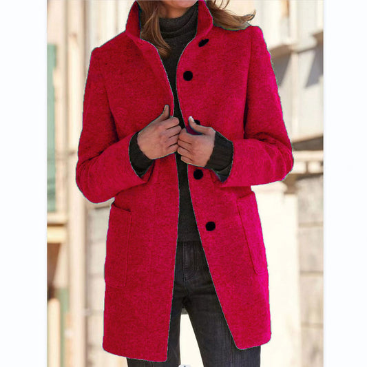 Fashion Stand Collar Woolen Coat With Pockets Fall Winter Casual Button Outwear For Women Clothing - MANDOTOS