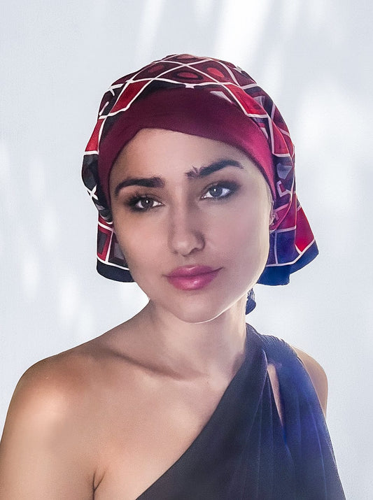 Retro Kerchief Headscarf - Ruby Geometric