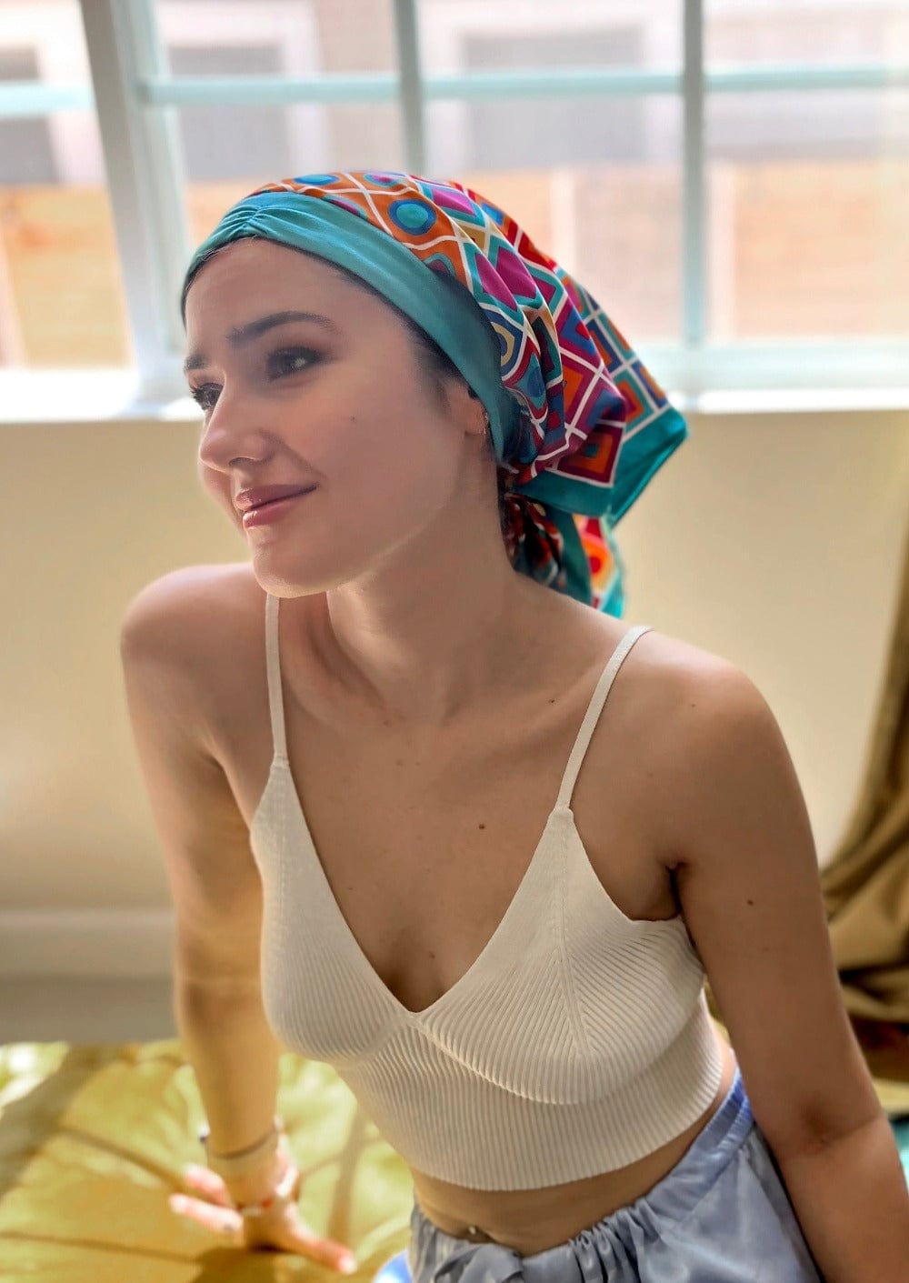 Retro Kerchief Headscarf -Teal Geometric