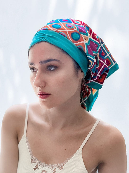 Retro Kerchief Headscarf -Teal Geometric