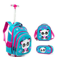 Three-piece Ancient Energy trolley bag set for primary school students with colorful designs and sturdy handles.