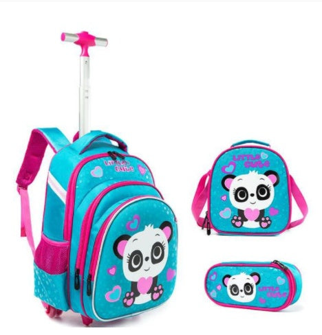 Three-piece Ancient Energy trolley bag set for primary school students with colorful designs and sturdy handles.