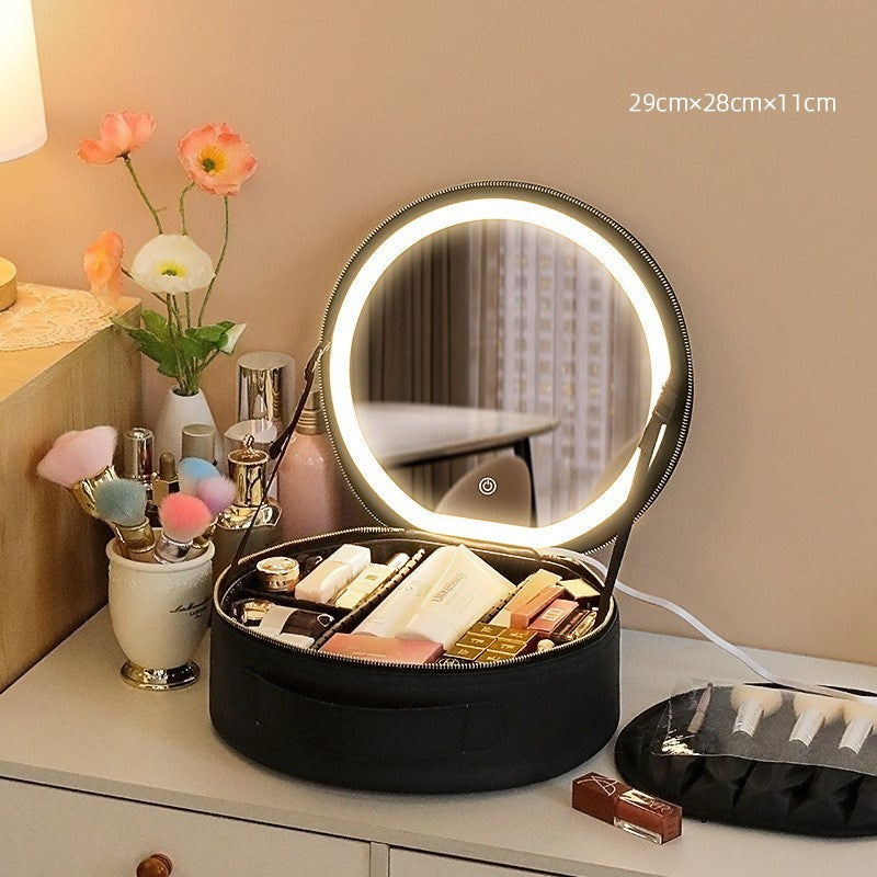 Round Smart LED Makeup Bag With Mirror Lights Women Beauty Bag Large Capacity PU Leather Travel Organizers Cosmetic Case - MANDOTOS