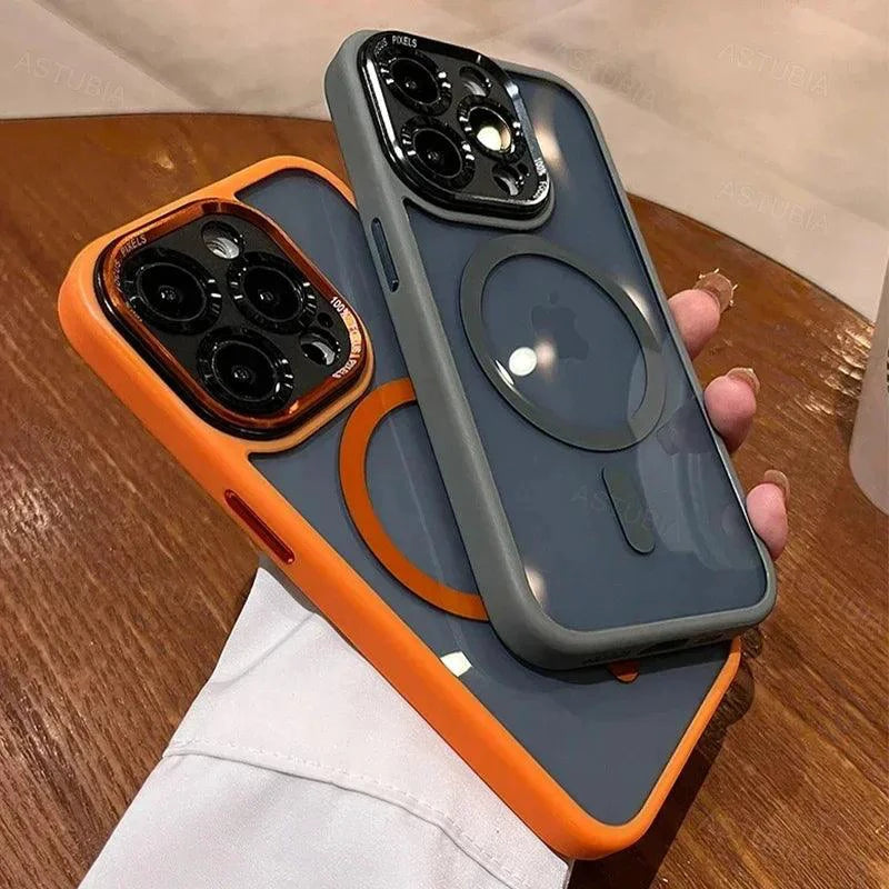 Luxury magnetic metal lens bumper protection case for iPhone 11 to 16 Pro Max, clear hard cover with wireless charging compatibility.