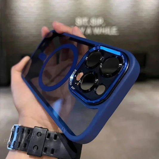 Luxury magnetic metal lens bumper protection case for iPhone 11 to 16 Pro Max, clear hard cover with wireless charging compatibility.