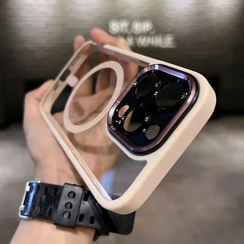 Luxury magnetic metal lens bumper case for iPhone 11 to 16 Pro Max, clear hard cover with wireless charging compatibility.